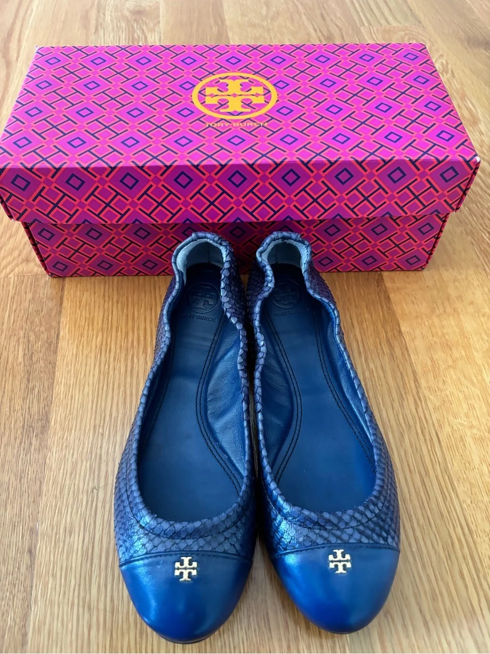 Tory Burch Metallic Blue Leather & Snakeskin Ballet Flats